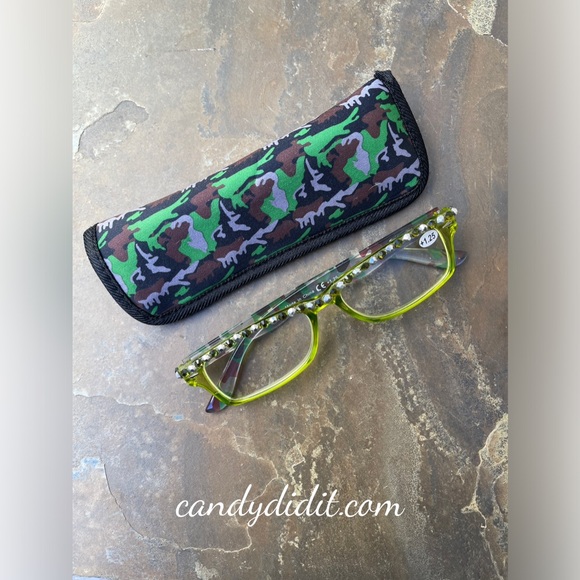 Translucent Chartreuse Camo W/Chartreuse Crystals Bling Reader Glasses With Case - Picture 1 of 11